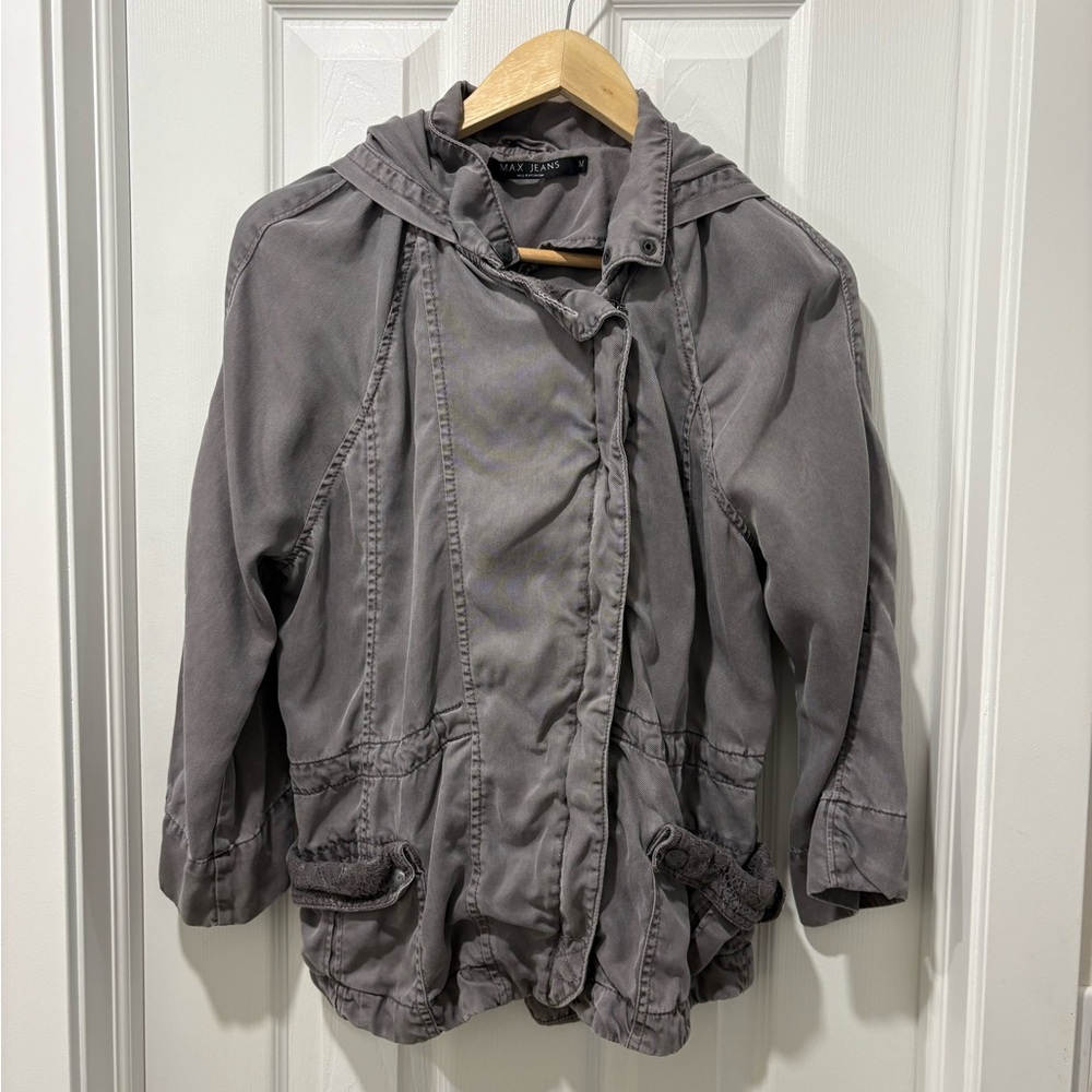 Women’s Max Jeans Gray Hooded Utility Jacket Tencel 3/4 sleeve size medium